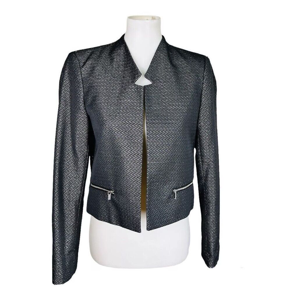 CALVIN KLEIN Women Black Polyester Metallic Lined Open Front Blazer Size 2